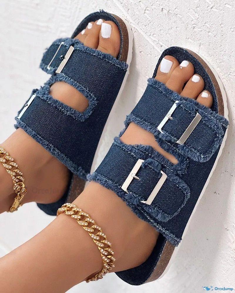 Denim slide sandals