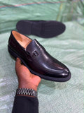 Black leather slip-on dress loafer
